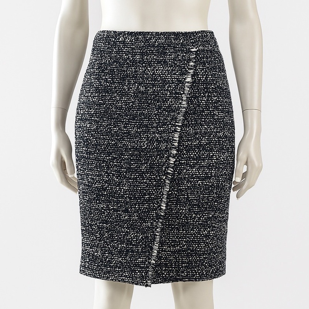 J. Crew Skirt Women Tweed Pencil Frayed Hem Career Wear Black White Blue Size 00